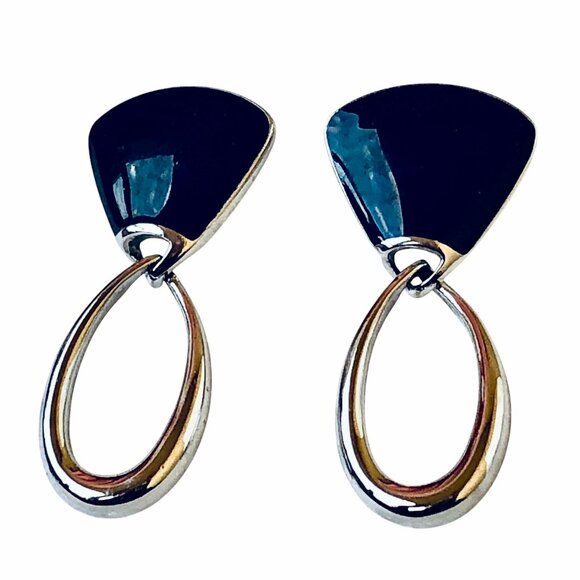 Trifari Vintage Black Enamel Silvertone Dangle Drop Earrings Posts - Picture 4 of 12